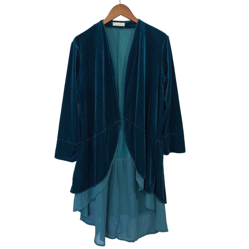 R. Vivimos Velvet Open Front Cardigan L Teal Blue L Boho Whimsical Evening Party